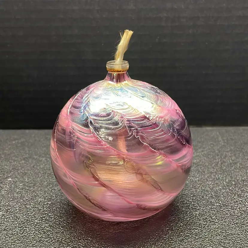 Vintage Hand Blown Glass Orb Oil Lamp With Wick Pink Swirl Iridescent Round 