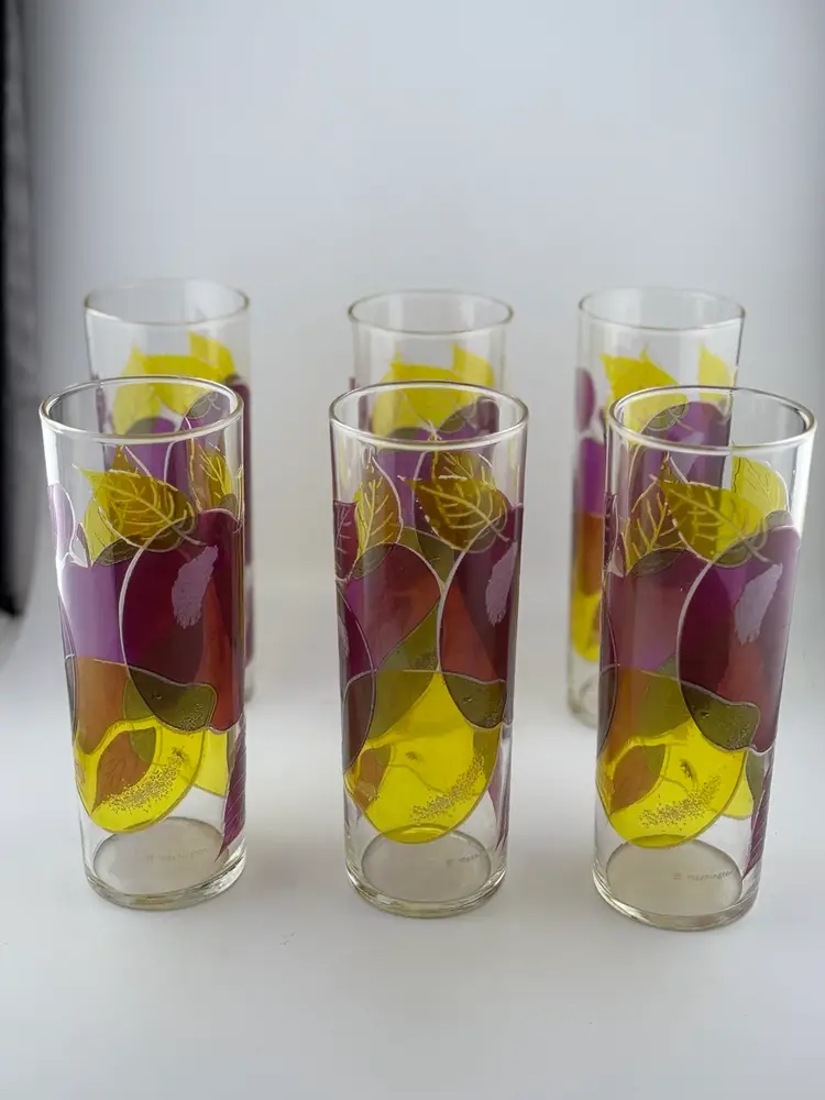 6  MCM Federal Glass Fruit Tall Highball Tom Collins Glasses Apples Lemons Pears