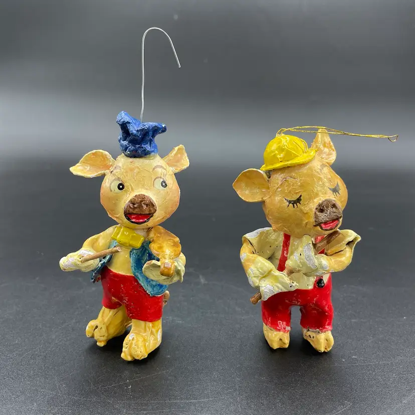 Paper Mache Pigs with Instruments Hanging Christmas Ornaments Set of 2 Vintage