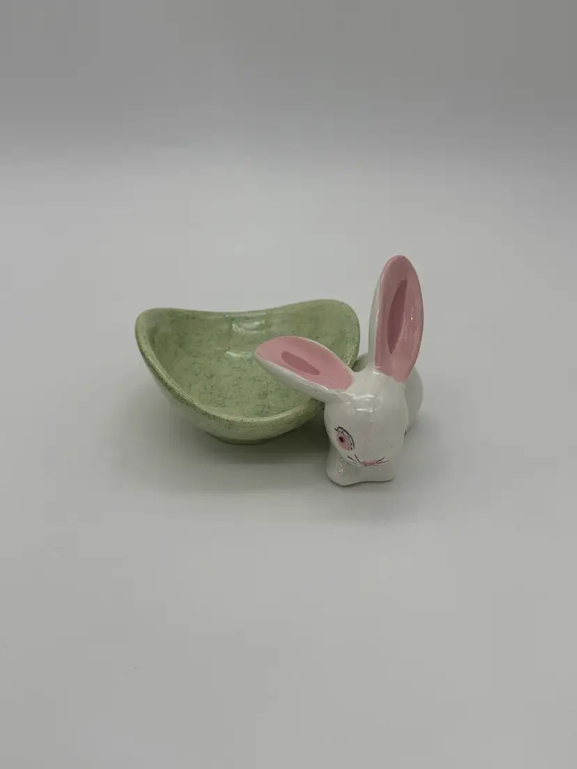 (Signed) ACE Art Pottery Bunny Rabbit Candy Trinket Bowl Handmade Green Speckled