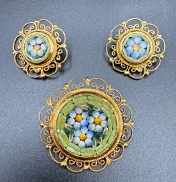 Vintage Italian Micromosaic Brooch and Clip Earrings Set
