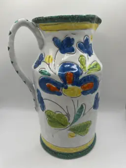 Italian Ceramic Pottery Pitcher Made In Italy Textured Floral Blue Orange Green Yellow