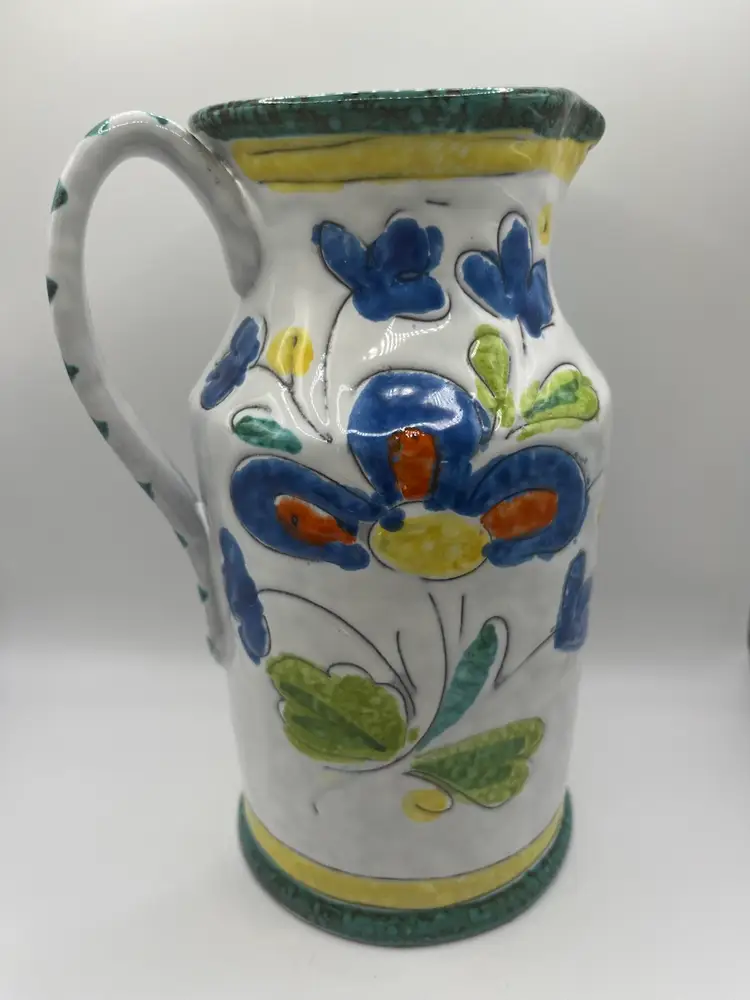 Italian Ceramic Pottery Pitcher Made In Italy Textured Floral Blue Orange Green Yellow