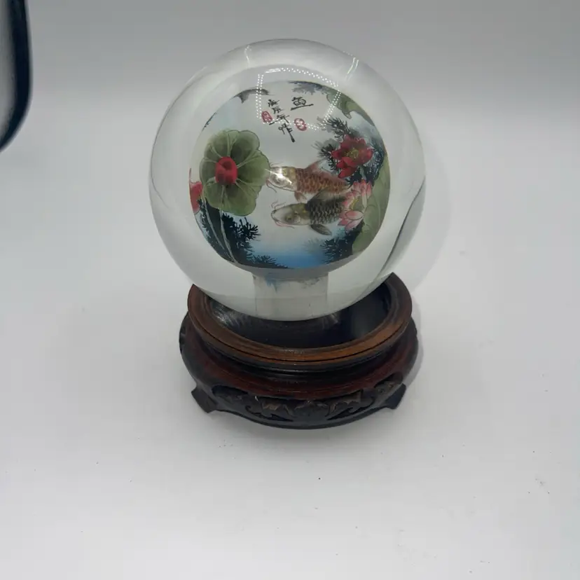 Art Glass Paperweight Koi Fish Sphere on Stand,  Reverse Painted 4”