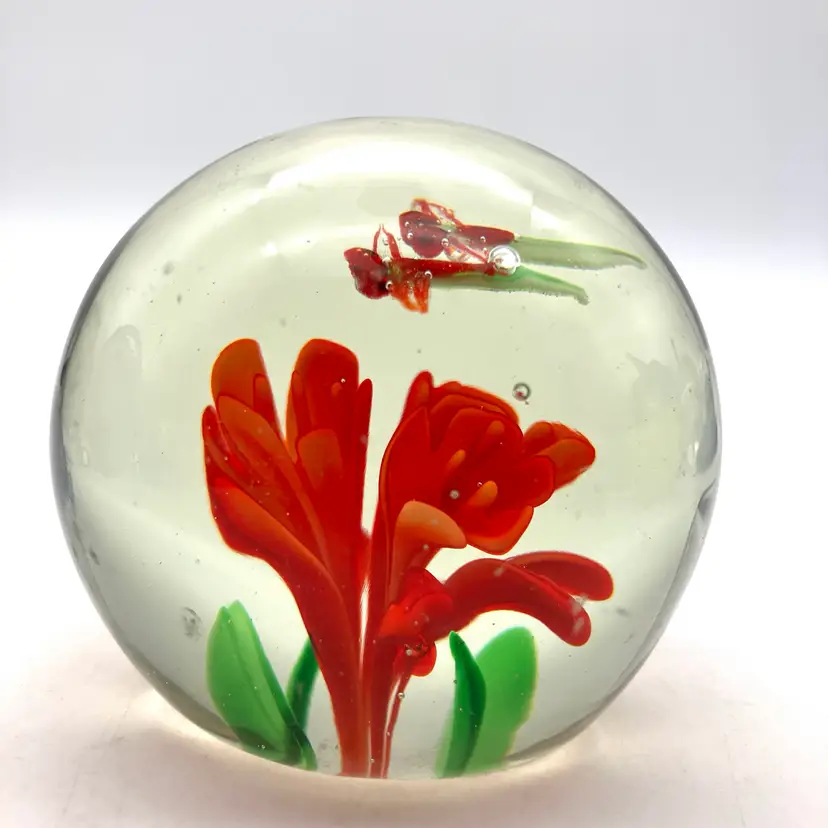 10 - Small Orange Flower Paperweight With Dragonflies As Is