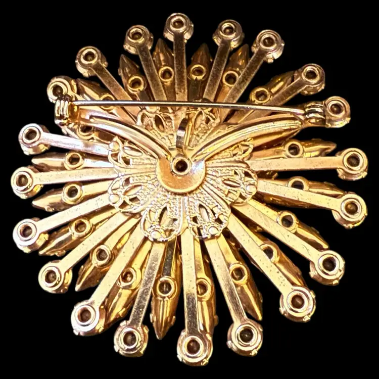 Orange Rhinestone Starburst Brooch 2.25”