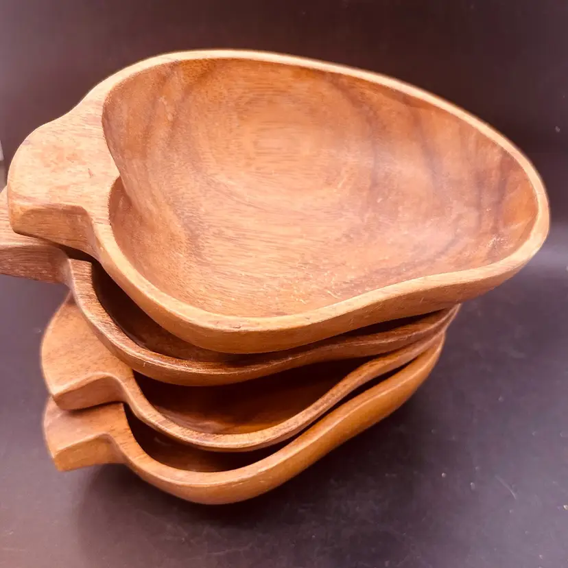 12. MCM pear shaped wooden salad bowls. Set of four