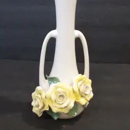 VINTAGE Art Deco MCM Capodimonte Style Porcelain Bud Vase w/ Yellow Roses - 7.5" Tall