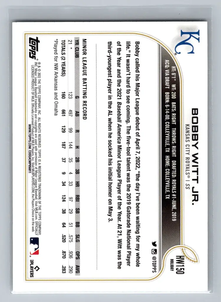 BOBBY WITT JR 2022 Topps Holiday RC Kansas City Royals A1523