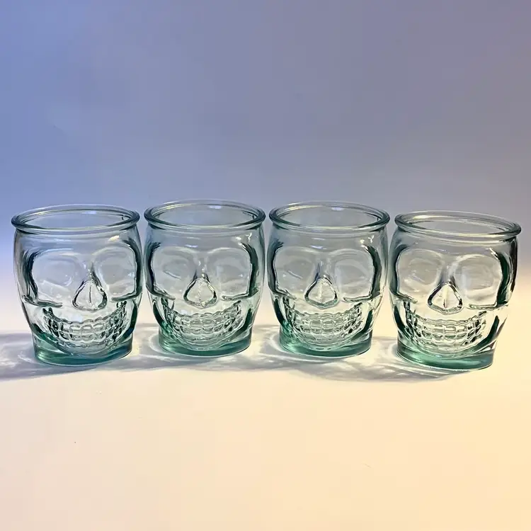 San Miguel Skull Tumbler Set of 4 Authentic 100% Recycled Glass SPAIN 400cc Goth