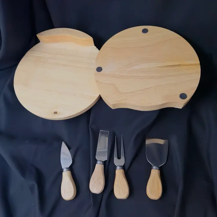 #1895 Bamboo Cheese Board Set Wooden Charcuterie Board Set with 4 Utensils Serving Platter Tray