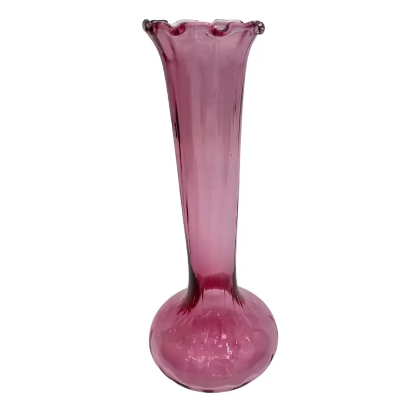 Vintage Pilgrim Cranberry Glass Bud Vase, #1746, Ruffled Top, 7.1", Stripe Optic