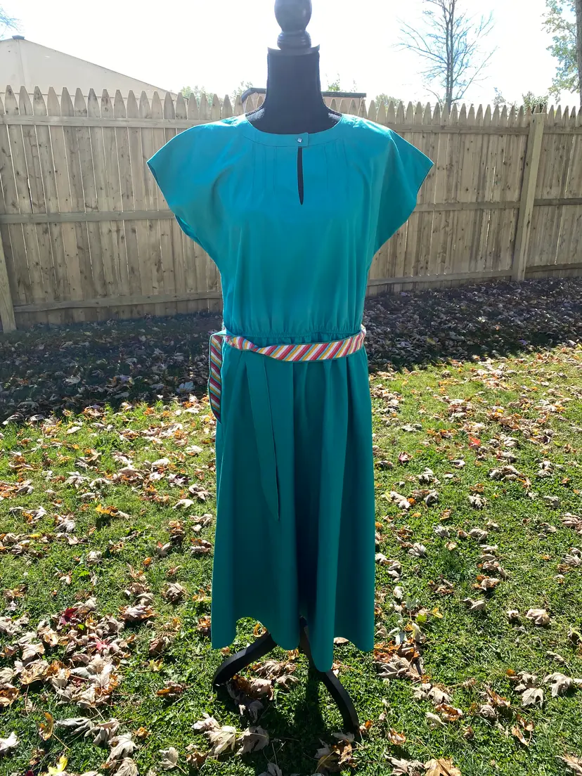 Vintage F.S.A. Collection Teal A-Line Dress with Multi Color Belt Tie Strap Size 18