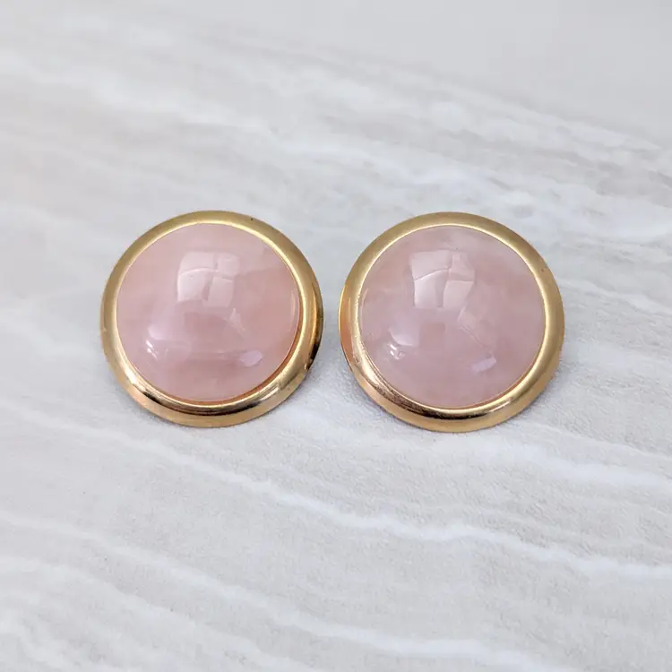 Vintage Clip On Earrings Large Domed Light Pink with Gold Tone Halo Statement