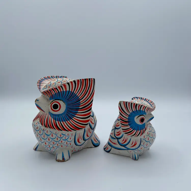Large & small handcarved white, blue & red painted wood owl from Indonesia