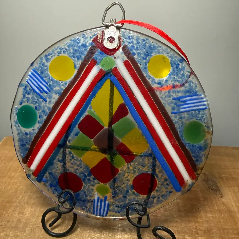 Studio Art Fused Glass Round Suncatcher Ornament with Colorful Geometric Design
