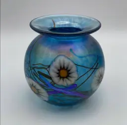 Herb A. Thomas Studio, Handmade Glass Bud Vase, Iridescent Teal Blue w/ Fused Flowers, Polished Bottom, Signed “HAT”