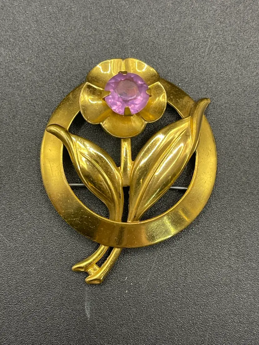 Vintage, Gold Colored Flower Brooch With Purple Rhinestone