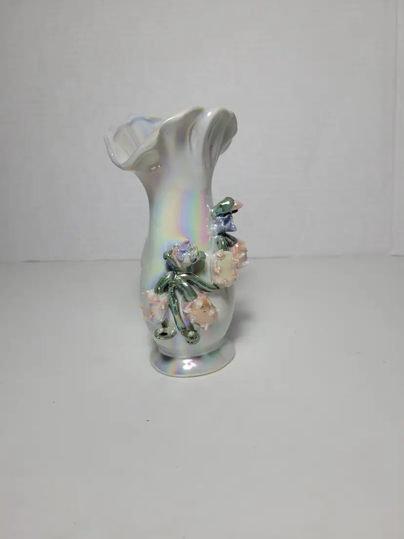 Unique Floral Iridescent Pearlized Vase with Raised Flower Design Vintage