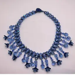 Blue Swarovski Crystal Dangle Choker Necklace with Button Toggle Clasp Artisan Made 15”