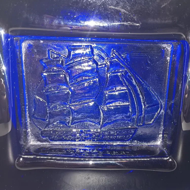 Swedish Glass Kosta Boda Designed By Erik Hoglund Relief Ship Deep Cobalt Blue
