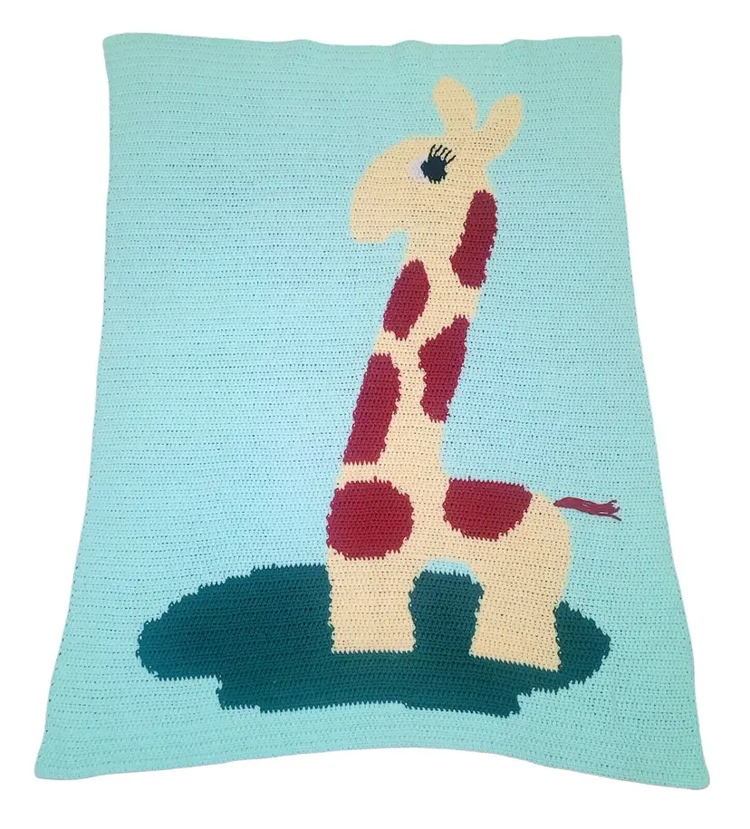 Vintage Hand Knit Crochet GIRAFFE Blanket Green Yellow Brown 54" x 41"