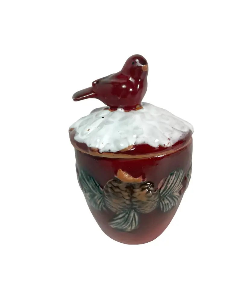 Christmas Red Cardinal Pine Cones Small Lidded Ceramic Jar Snow Winter