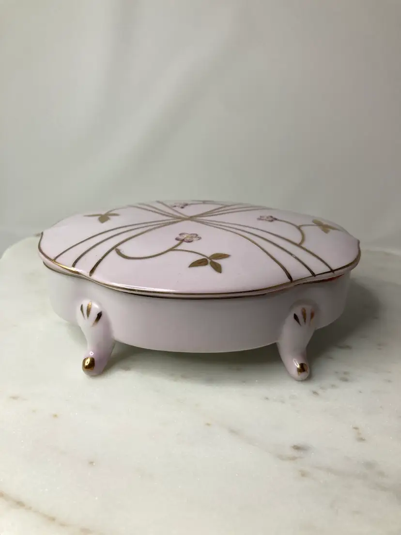 Arnart Made in Japan Oval Pink With Gold Accents And Lavender Flowers Porcelain Trinket Box with 2 Trinket Trays! 1 Tiny Chip On Underside Of Lid!