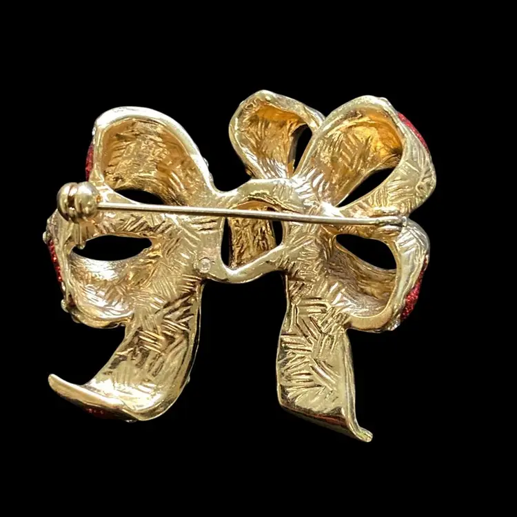 Sparkly Red Bow Brooch With Rhinestones