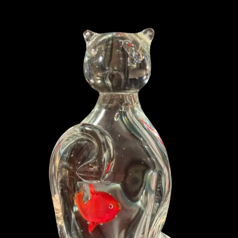 Vintage Art Glass Cat W/ Goldfish In Belly Paperweight Whimsical