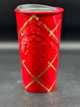 Starbucks 10oz Ceramic Travel Christmas Mug Tumbler Coffee Cup 2016 Red & Gold