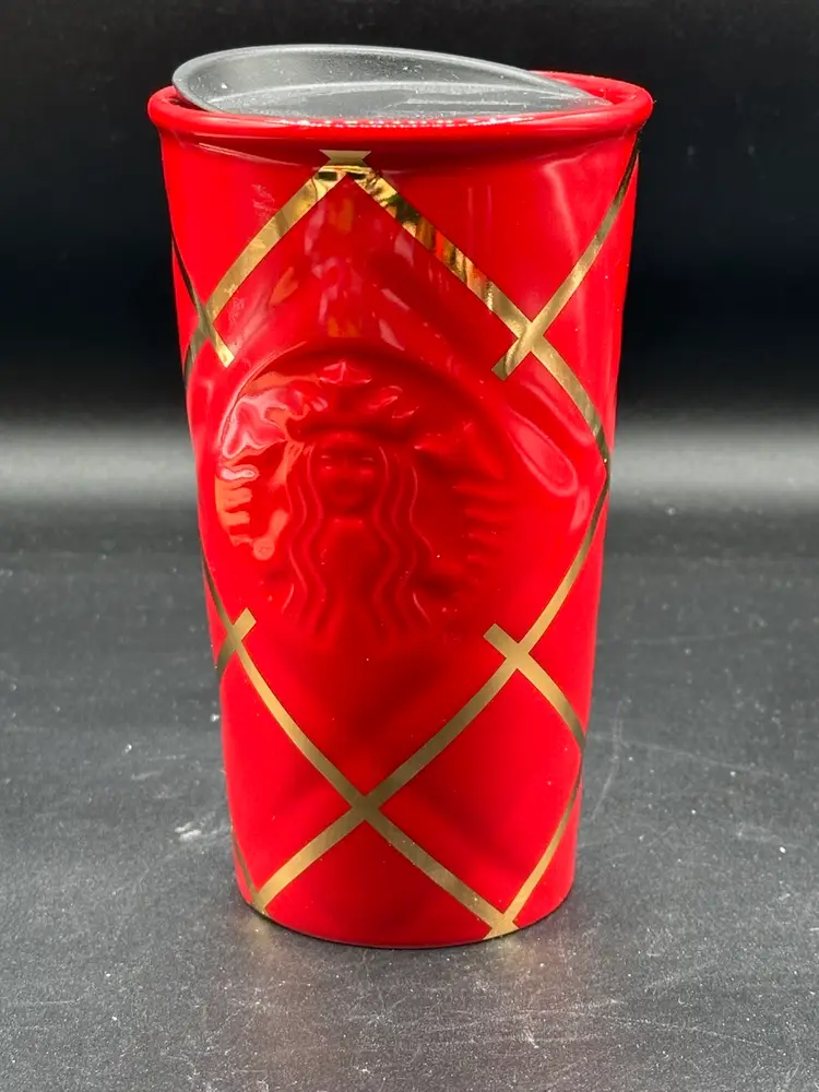 Starbucks 10oz Ceramic Travel Christmas Mug Tumbler Coffee Cup 2016 Red & Gold