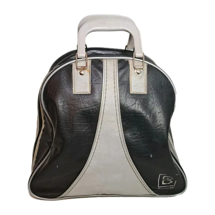 Vtg 60s Brunswick Bowling Bag Metal Rack Black Grey Zipper Closure Diaper Bag