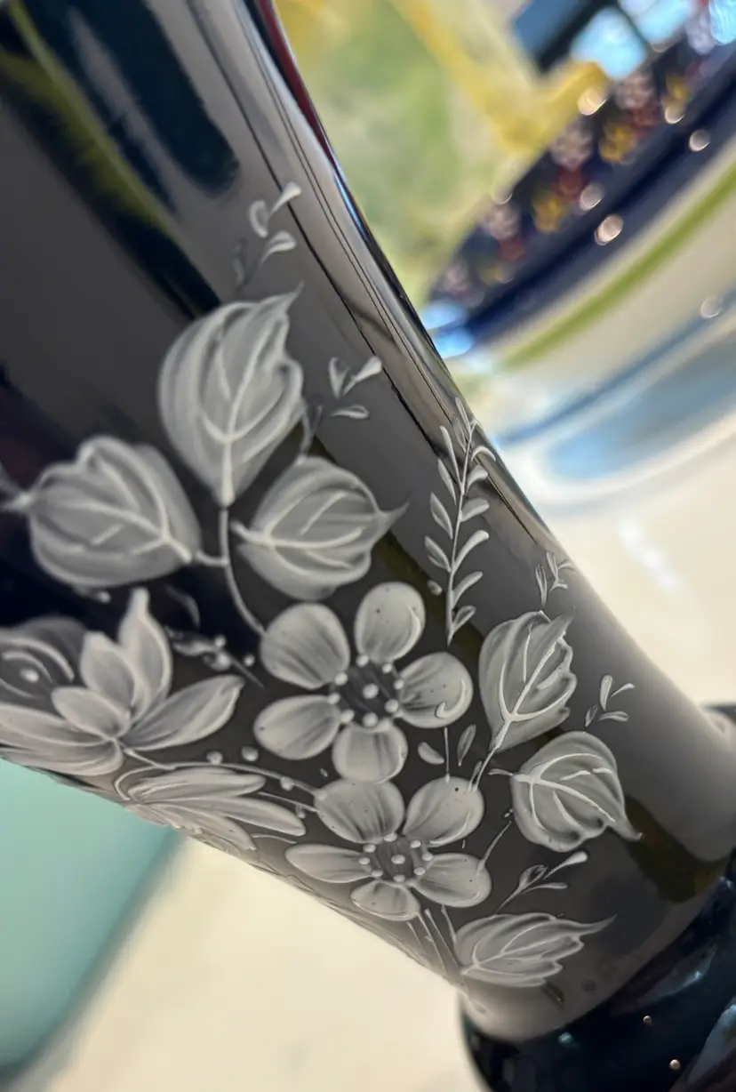 Vase, Black Glass with White Hand Painted floral decoration, used