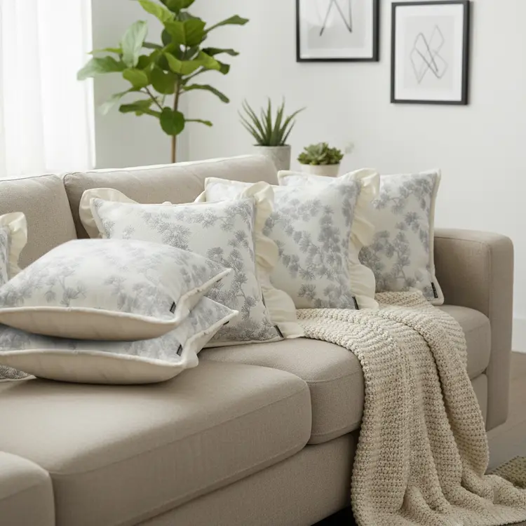 SOGA 6PC White & Gray Floral Pillowcase Set Ruffle Trim Decorative Covers 45cm