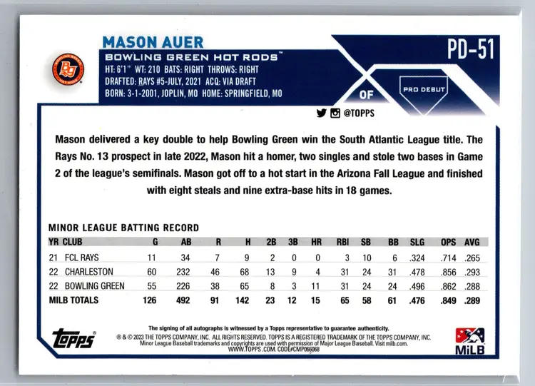 Mason Auer 2023 Topps Pro Debut Auto #PD-51