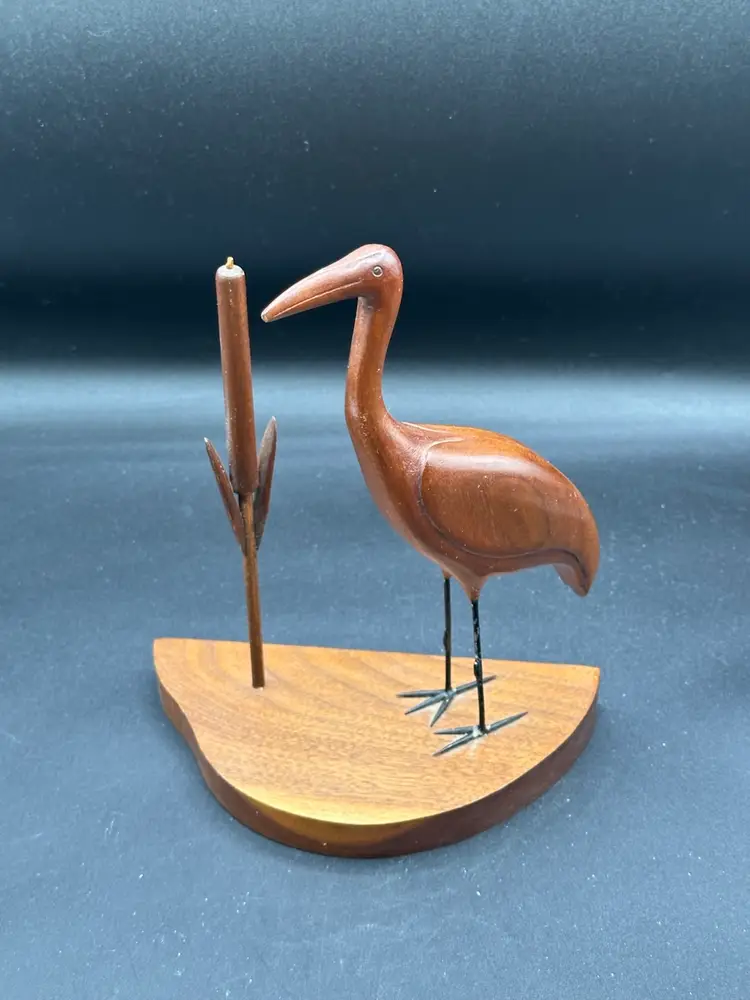 Hand Carved Wooden Crane And Cattail Tip Of Cattail Chipped Off See Photos