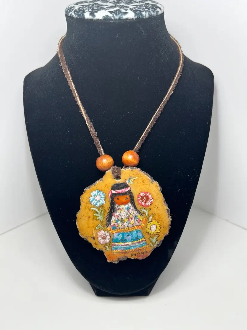 TED DeGRAZIA 60s Sweet Cocopah Girl ART Necklace Hand painted.