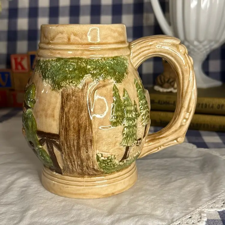 1980s Hobbyist Signed Beer Mug / Stein - Three Men At Table Drinking with Hats - 6"