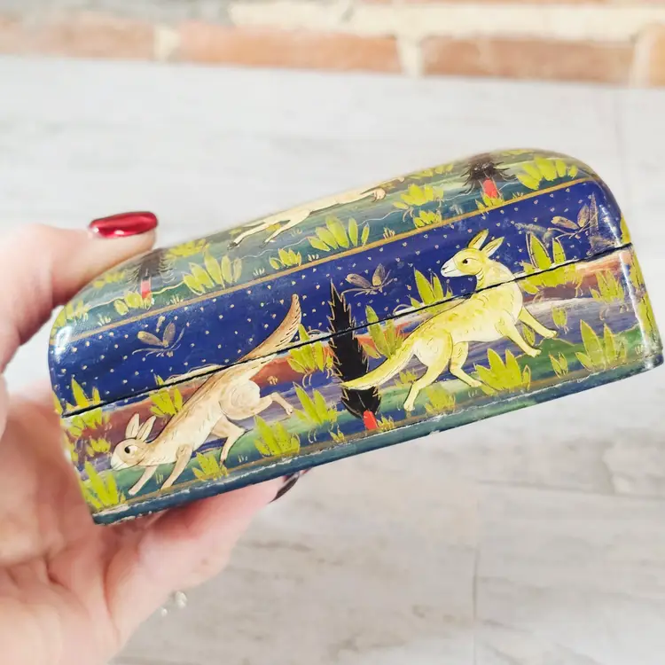 Vintage Russian Style Wooden Lacquer Box Hand Painted Forest Scene Palekh Style Folk Art