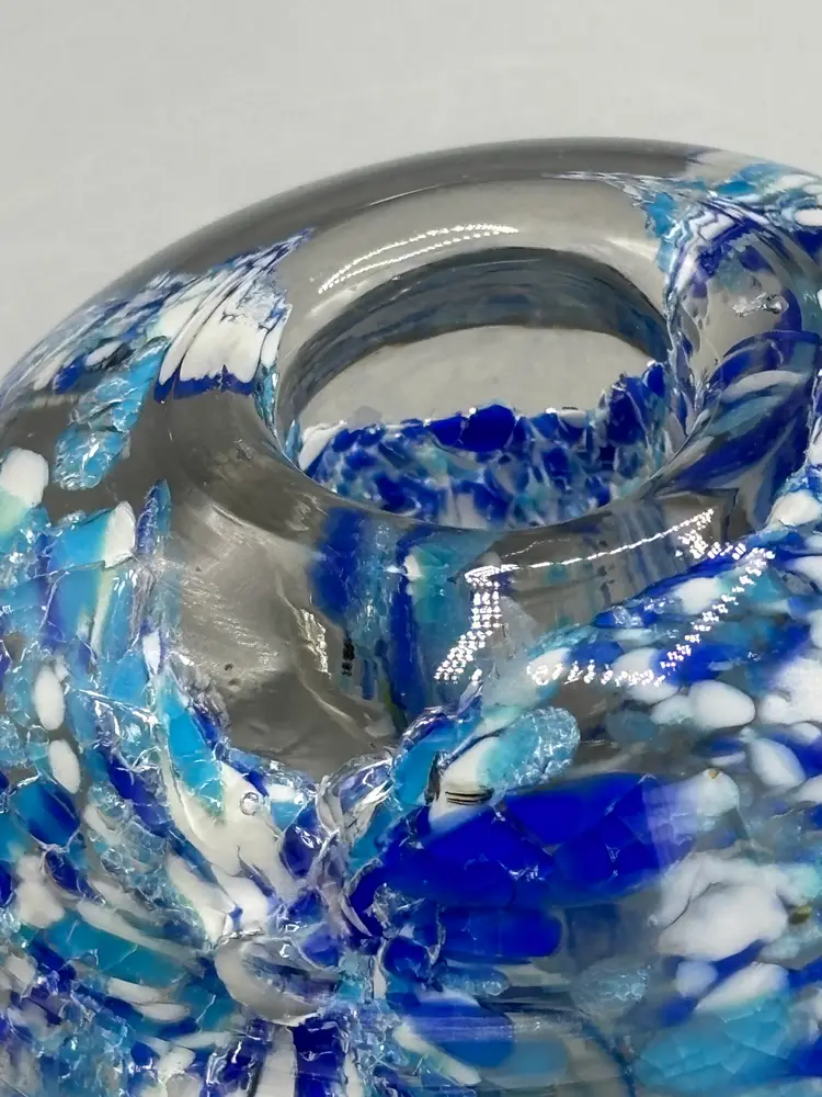 Vintage glass candle holder with blue & white swirls