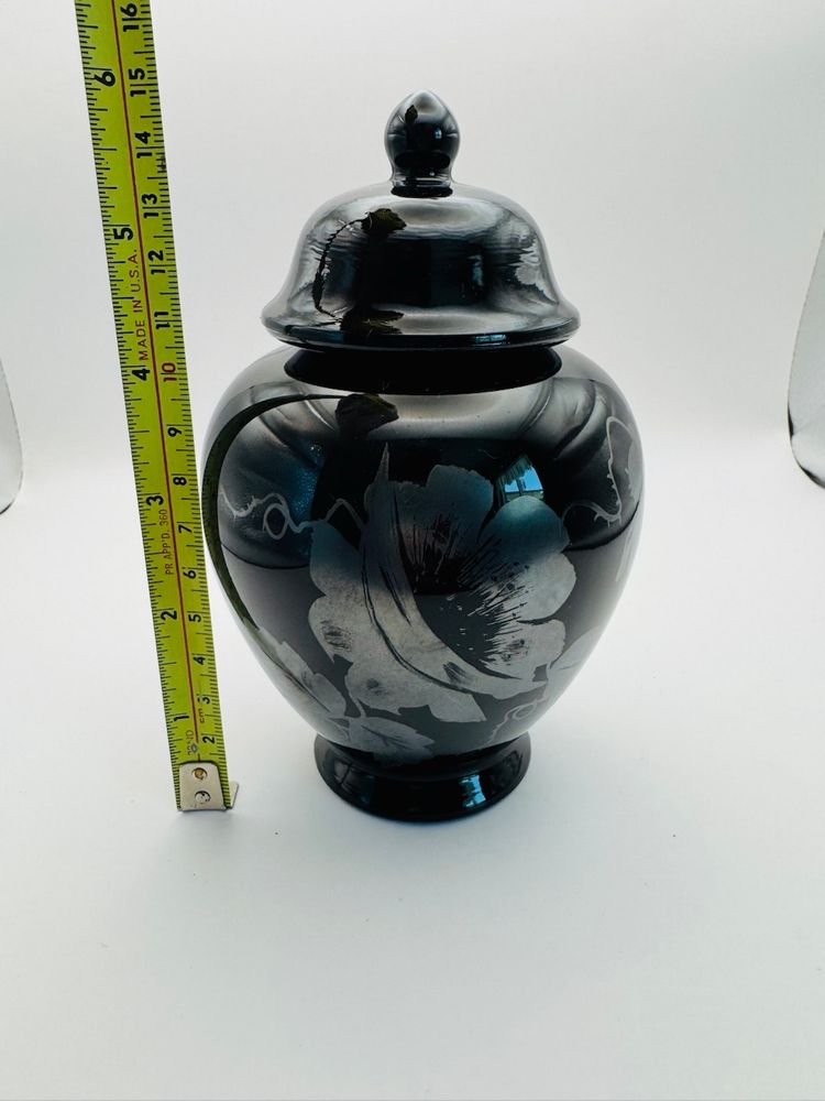 Fenton Hand Painted Silver Floral Over Black Ginger Jar Signed D Gessel