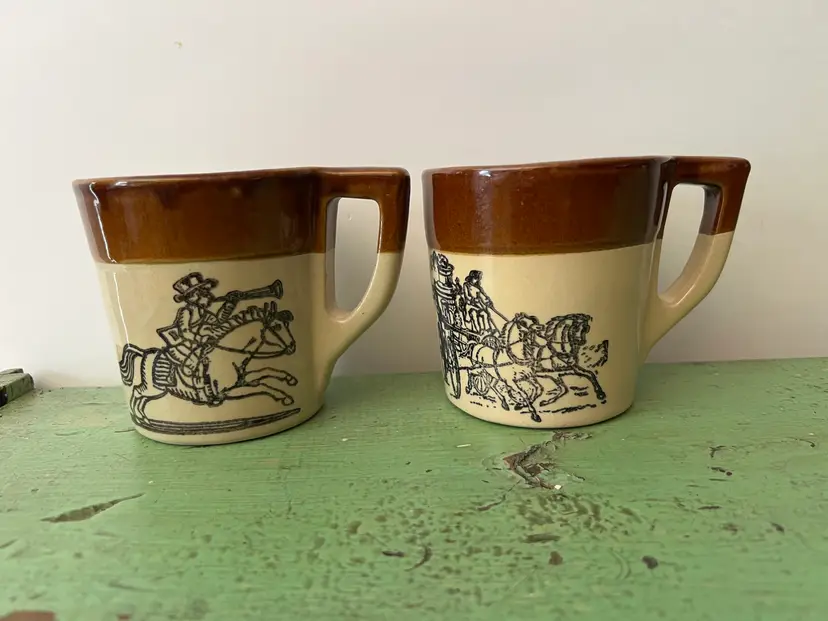Holt Howard Stoneware Vintage Mugs. Paul Revere, Horse Drawn Wagon
