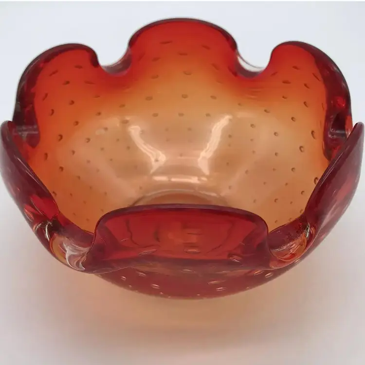 Art Glass Bullicante Bowl Ashtray Red Amberina Controlled Bubble Candy Trinket
