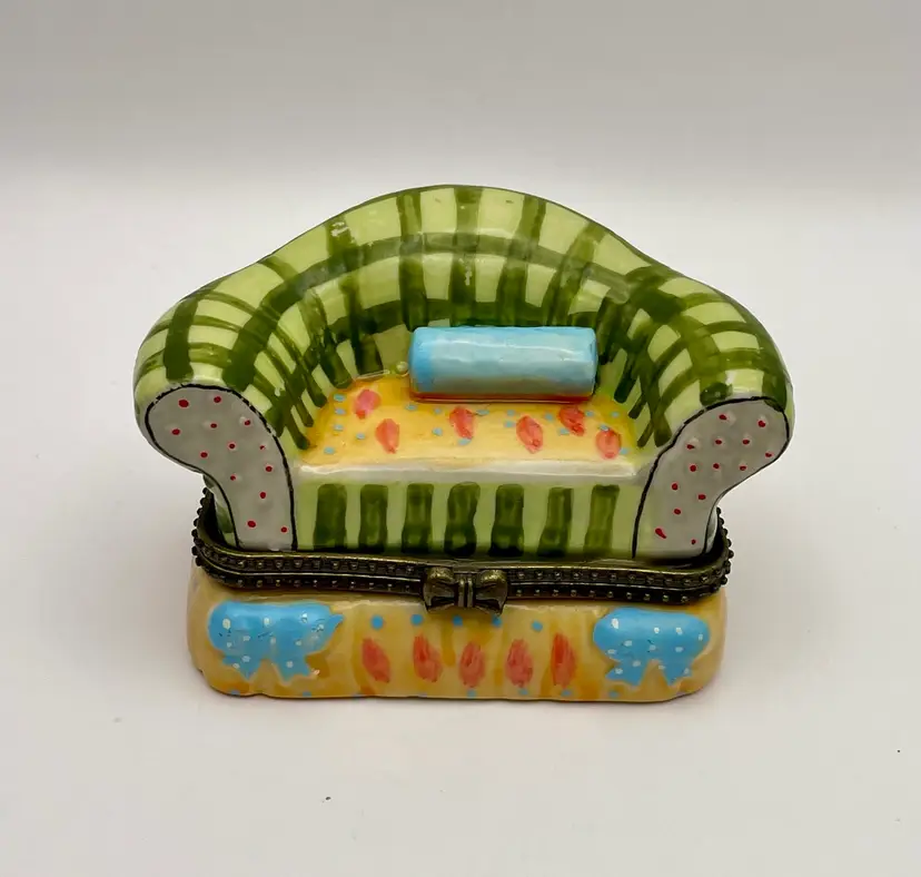 Vintage, Trinket Box, Miniature Ceramic Couch, Green Striped, Hinged Lid