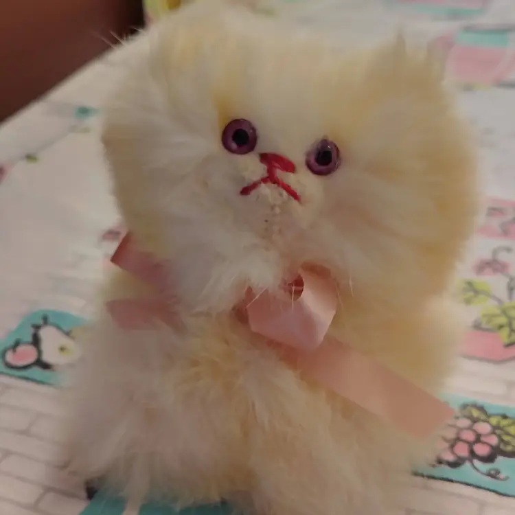 Vintage "Jerry Pets" Kitten | Yellow Real Rabbit Fur Stuffed Kitty Cat | SO FLUFFY | 6" Plush with Purple Eyes | 1950s Jerry Elsner Made in USA