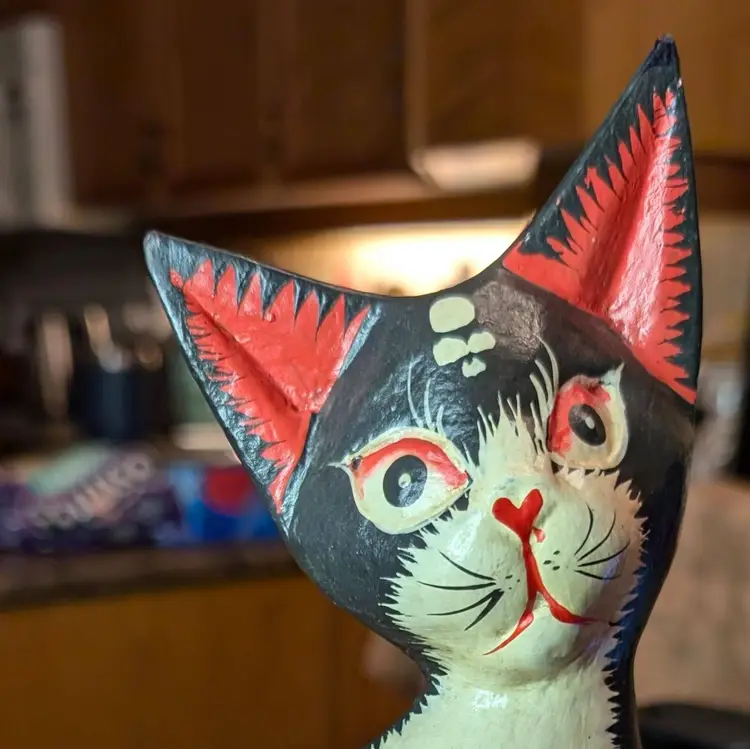 Folk Art Cat Sculpture Figurine Hand Carved Hand Painted