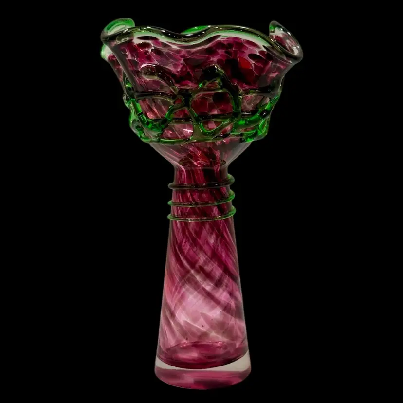 Vintage Hand Blown Rubina Verde Art Glass Vase w/ Applied Threading 9”