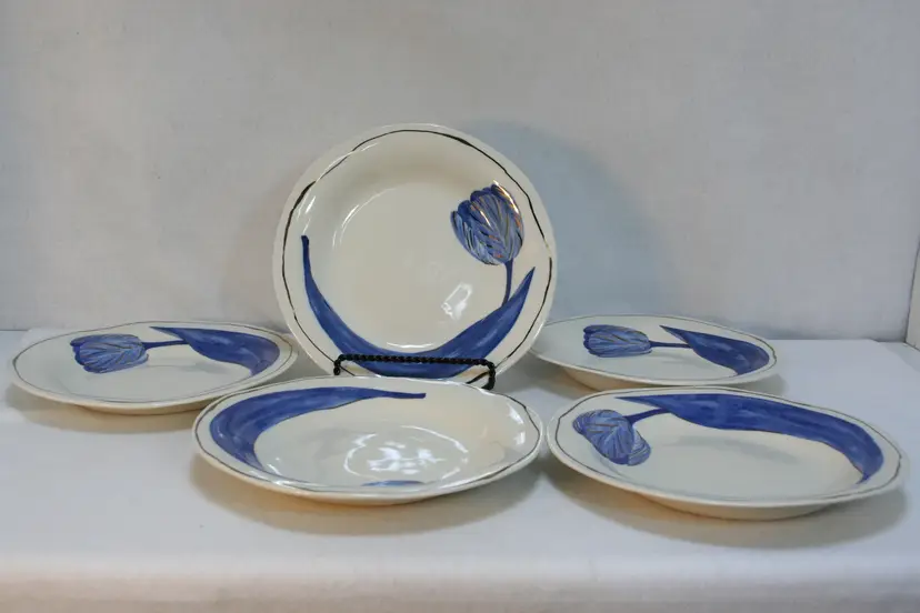 Anthropologie Tile Tile Testo Azure Blue Tulip Ceramic Dinner Plate Bowls Set-5