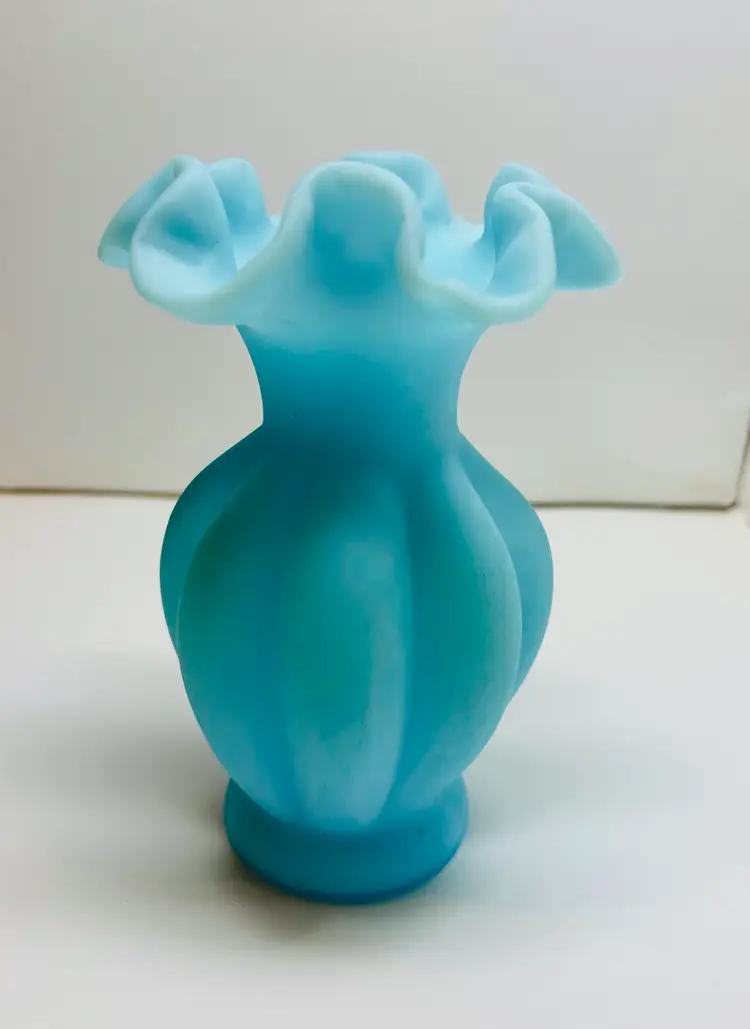 VTG Fenton Satin Blue Melon Vase W/Ruffle